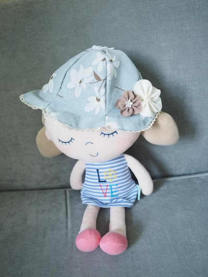 手作粉藍清雅小白花雙面棉麻帽子及布花髮夾禮物套裝