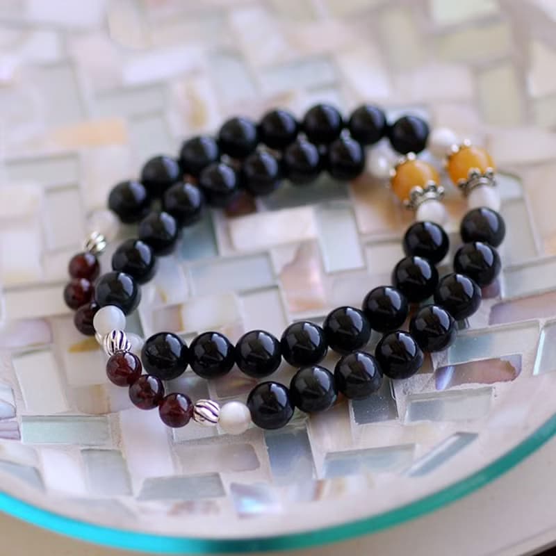 黑曜石*紅石榴*黃玉雙圈純銀手鍊