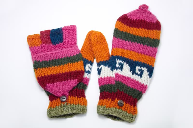 限量一件針織純羊毛保暖手套 / 2ways手套 / 露趾手套 / 內刷毛手套 / 針織手套 - 橘紅童趣色系