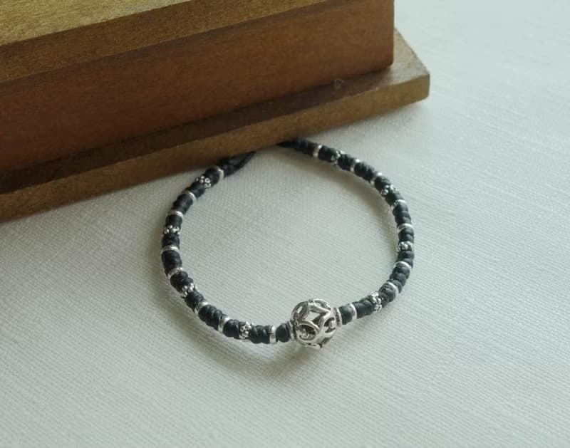 ~米+熊~ 鏤空系列   鏤空球  925純銀 蠶絲蠟線 編織手鍊 細手鍊