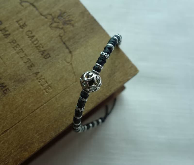 ~米+熊~ 鏤空系列   鏤空球  925純銀 蠶絲蠟線 編織手鍊 細手鍊