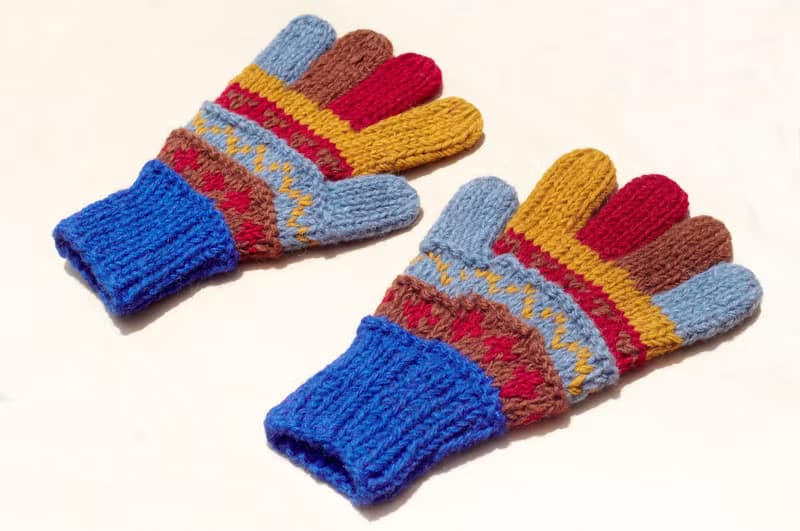 聖誕禮物 限量一件手織純羊毛針織手套 / 羊毛手套 / 保暖手套 - 童趣系條紋