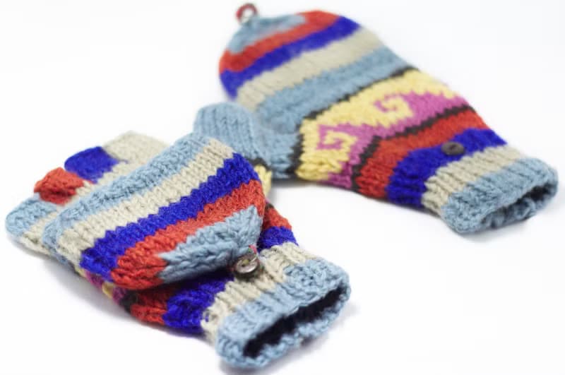 西洋情人節禮物 限量一件針織純羊毛保暖手套 / 2ways手套 / 露趾手套 / 內刷毛手套 / 針織手套 - 藍色系民族圖騰