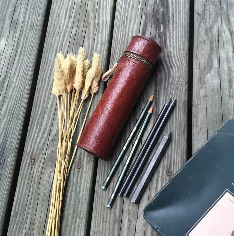 植鞣牛皮圓筒真皮筆袋－茶咖啡