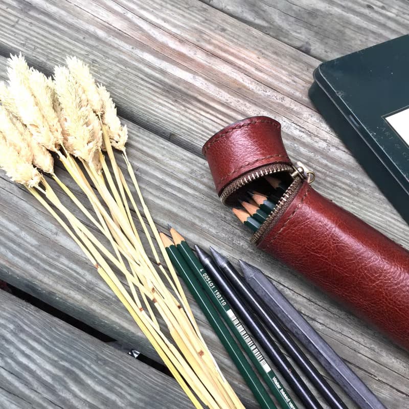 植鞣牛皮圓筒真皮筆袋－茶咖啡