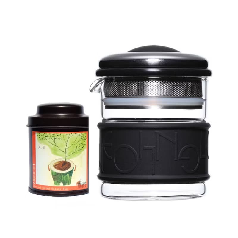 【無藏茗茶X台灣宜龍】簡單泡茶組_200ml黑色濾泡壺+18g炭焙烏龍