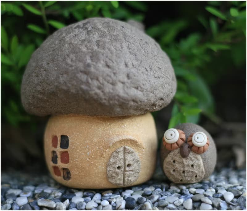 蘑菇村 超可愛陶手作蘑菇屋B (岩石咖啡+黃色)不含貓頭鷹