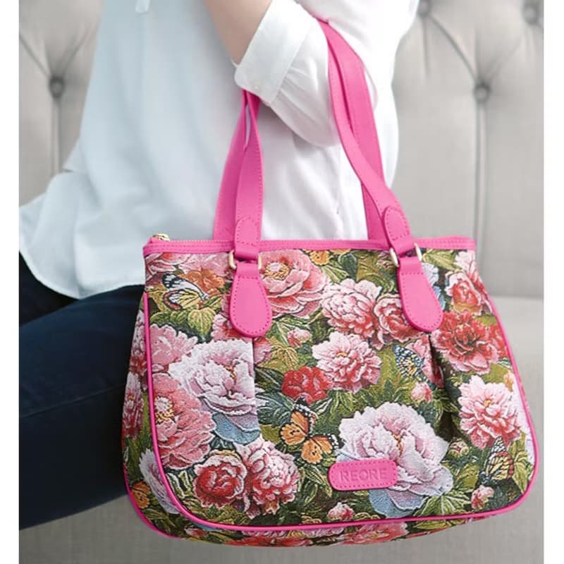 緹花織畫摺皺肩背包 復古牡丹 牛皮