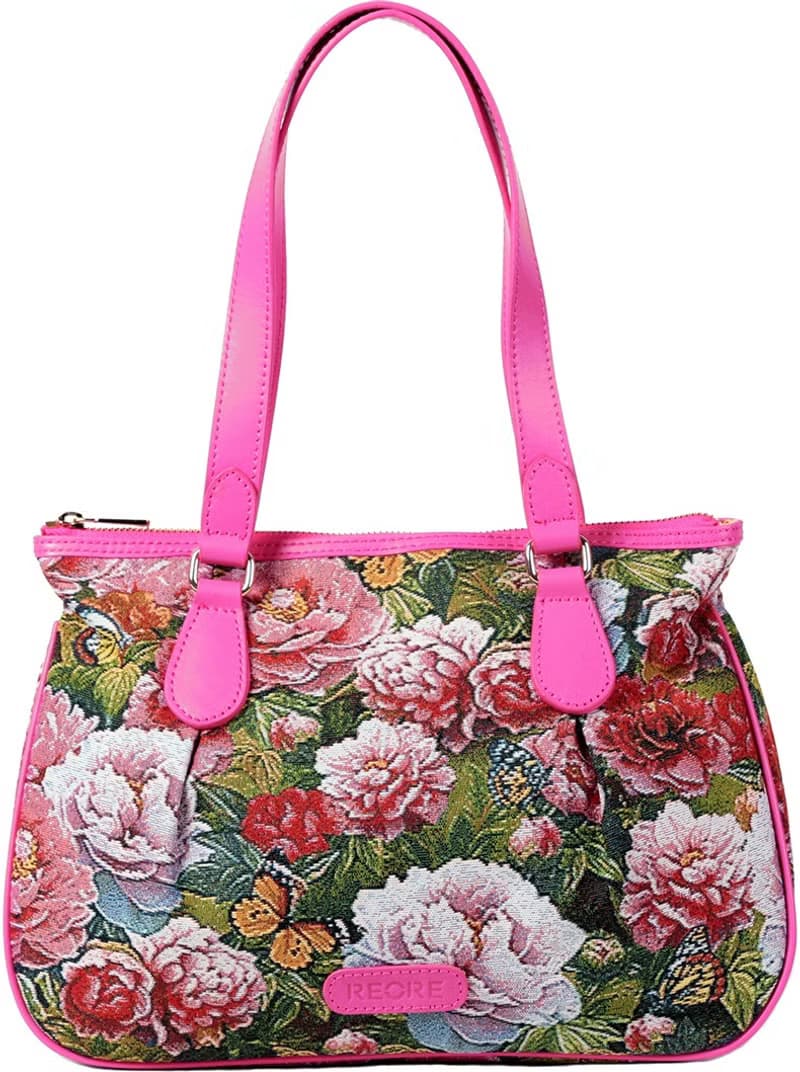 緹花織畫摺皺肩背包 復古牡丹 牛皮