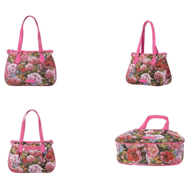 緹花織畫摺皺肩背包 復古牡丹 牛皮