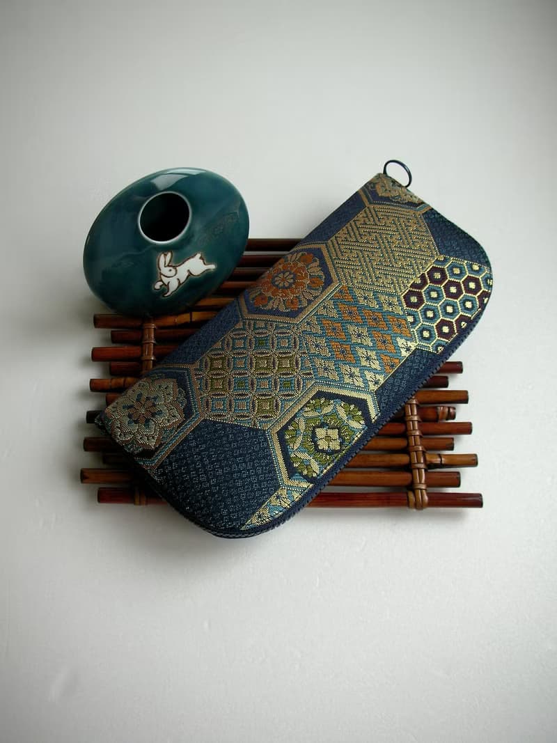 京西陣金襴錦織【紺藍龜甲文】-長夾/皮夾/零錢包/