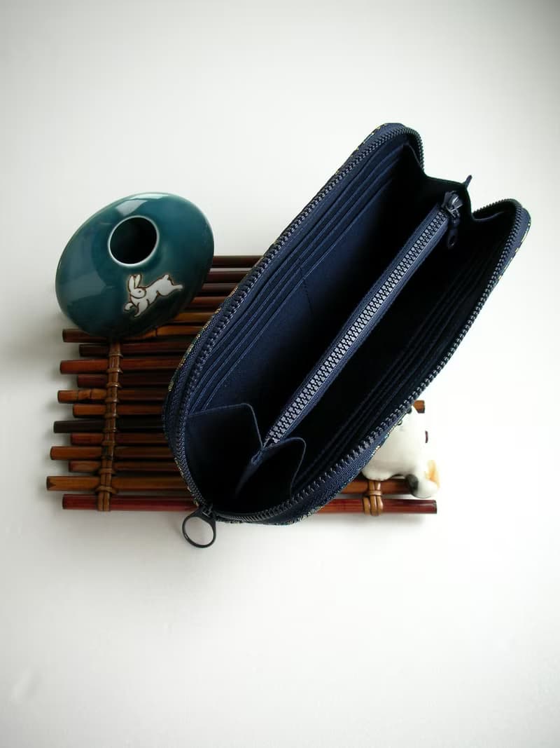 京西陣金襴錦織【紺藍龜甲文】-長夾/皮夾/零錢包/