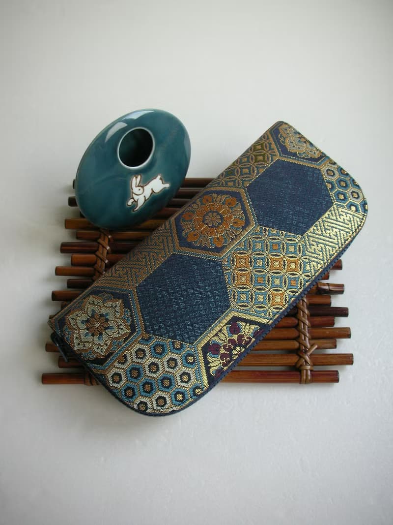 京西陣金襴錦織【紺藍龜甲文】-長夾/皮夾/零錢包/