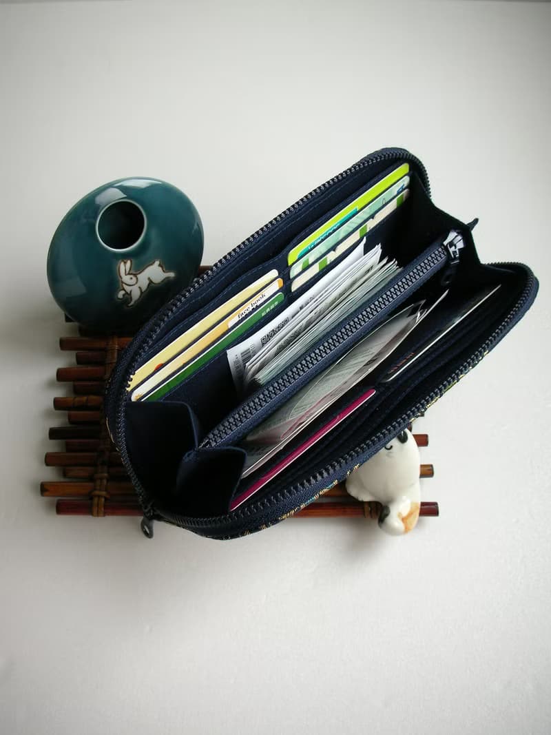 京西陣金襴錦織【紺藍龜甲文】-長夾/皮夾/零錢包/