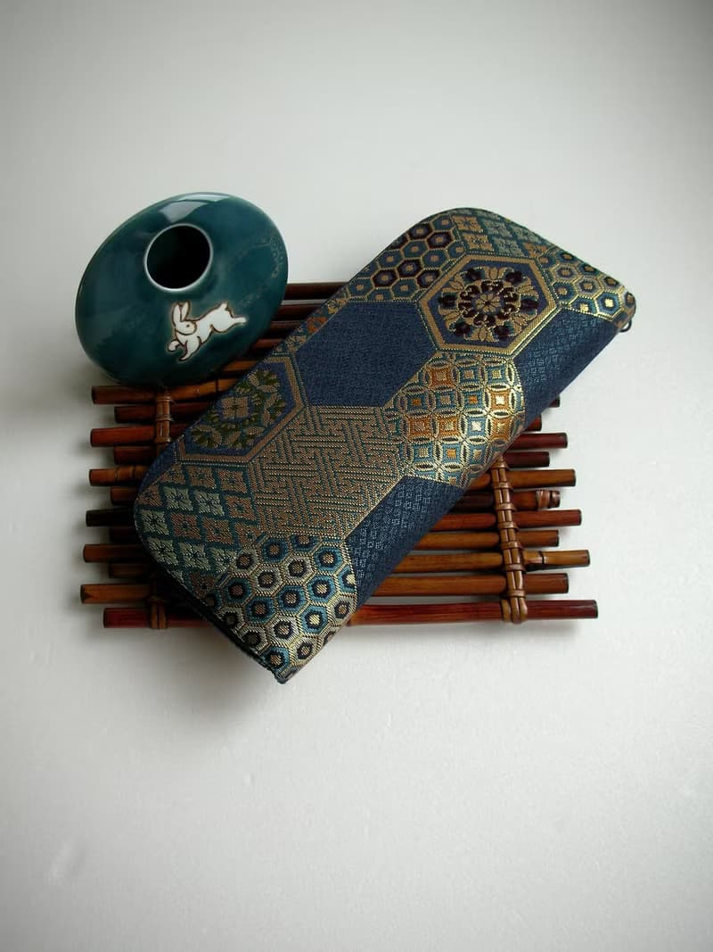 京西陣金襴錦織【紺藍龜甲文】-長夾/皮夾/零錢包/