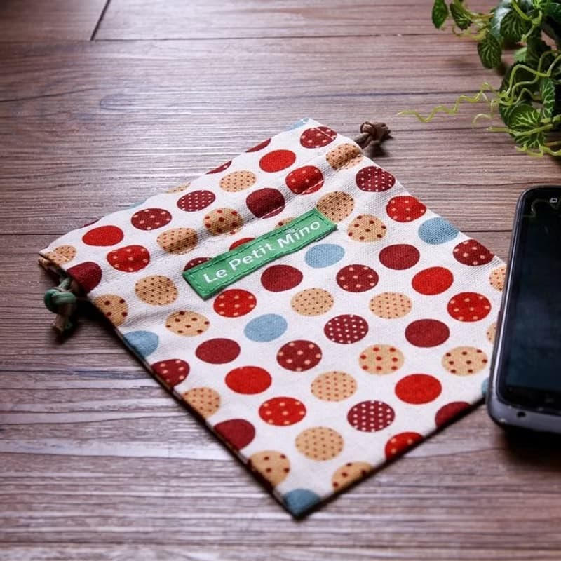 手做束口袋1組2入 零錢包 秋點點款 純棉花布 手工車縫