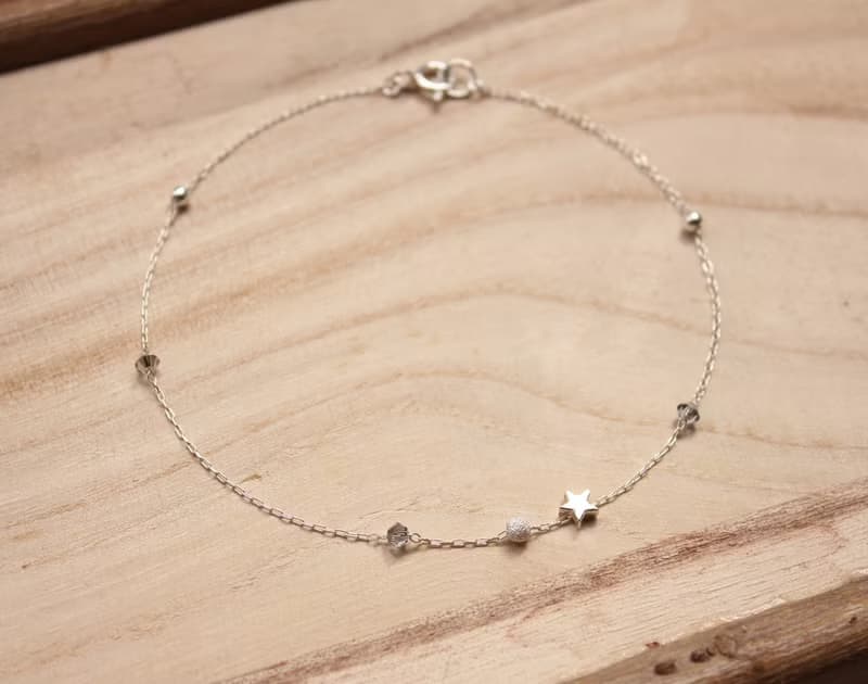 *hippie* Mini Star│迷你星 小巧雅緻磨砂銀珠水晶純銀腳鏈/手鍊