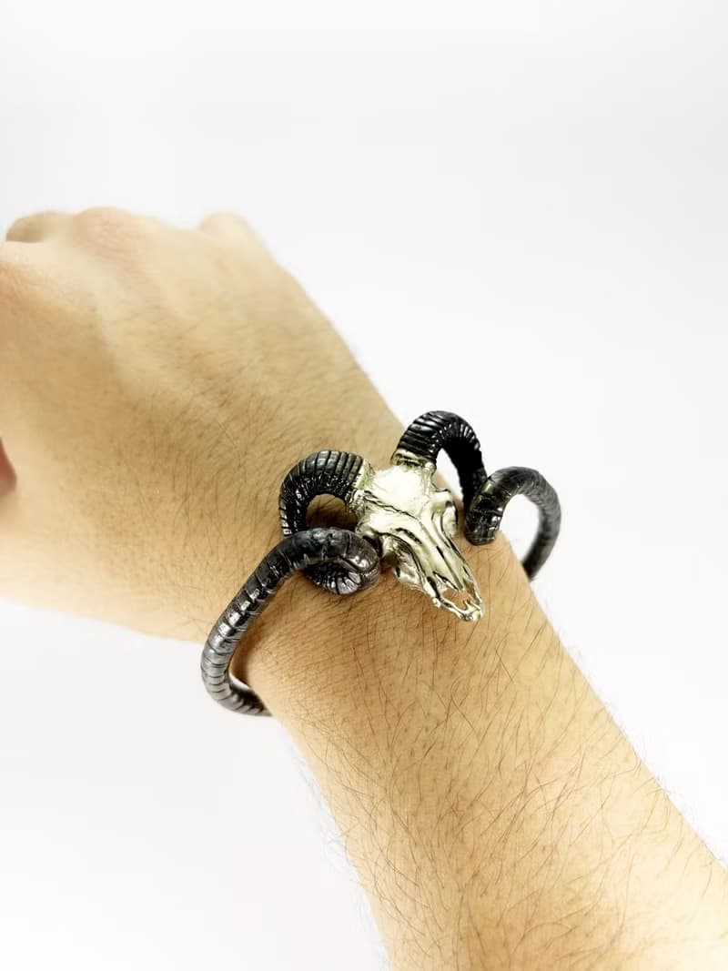 Ram Goat Skull Bangle Bracelet in White Bronze, Available in 4 Colourways.
