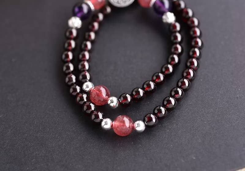 紅石榴石+紫水晶+草莓晶純銀花朵雙圈手鍊