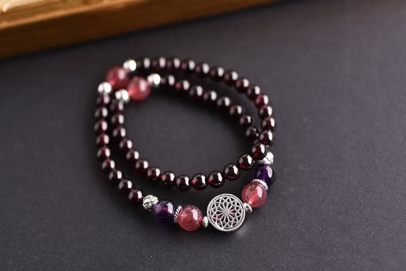 紅石榴石+紫水晶+草莓晶純銀花朵雙圈手鍊