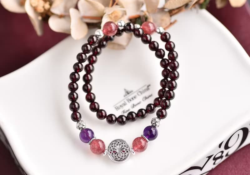 紅石榴石+紫水晶+草莓晶純銀花朵雙圈手鍊