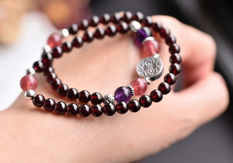 紅石榴石+紫水晶+草莓晶純銀花朵雙圈手鍊