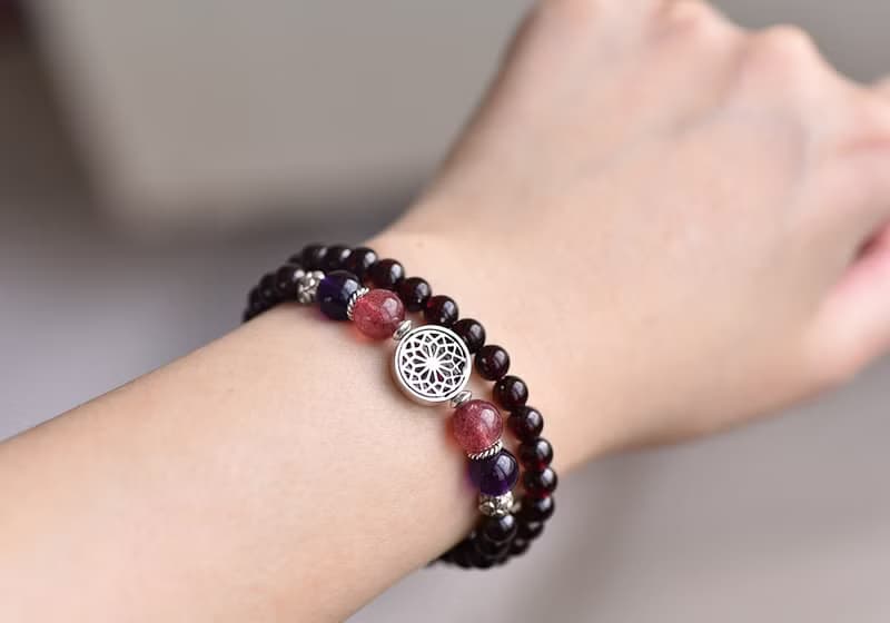 紅石榴石+紫水晶+草莓晶純銀花朵雙圈手鍊