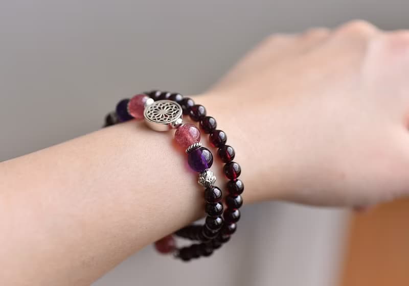 紅石榴石+紫水晶+草莓晶純銀花朵雙圈手鍊