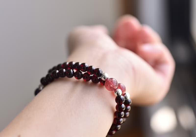 紅石榴石+紫水晶+草莓晶純銀花朵雙圈手鍊