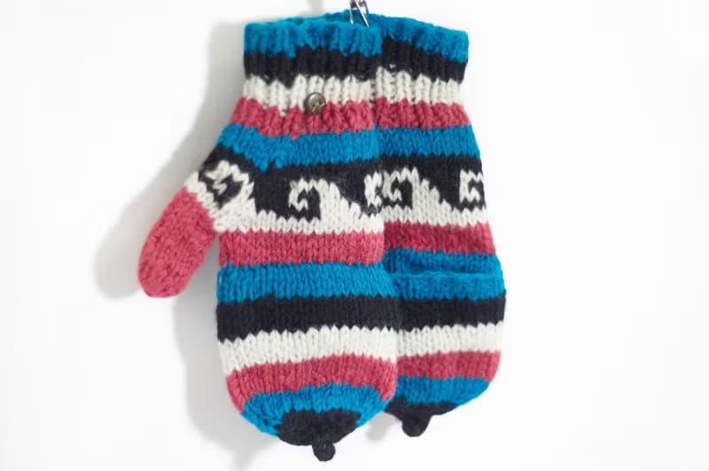 情人節 限量一件針織純羊毛保暖手套 / 2ways手套 / 露趾手套 / 內刷毛手套 / 針織手套 - 混色拼接東歐民族圖騰