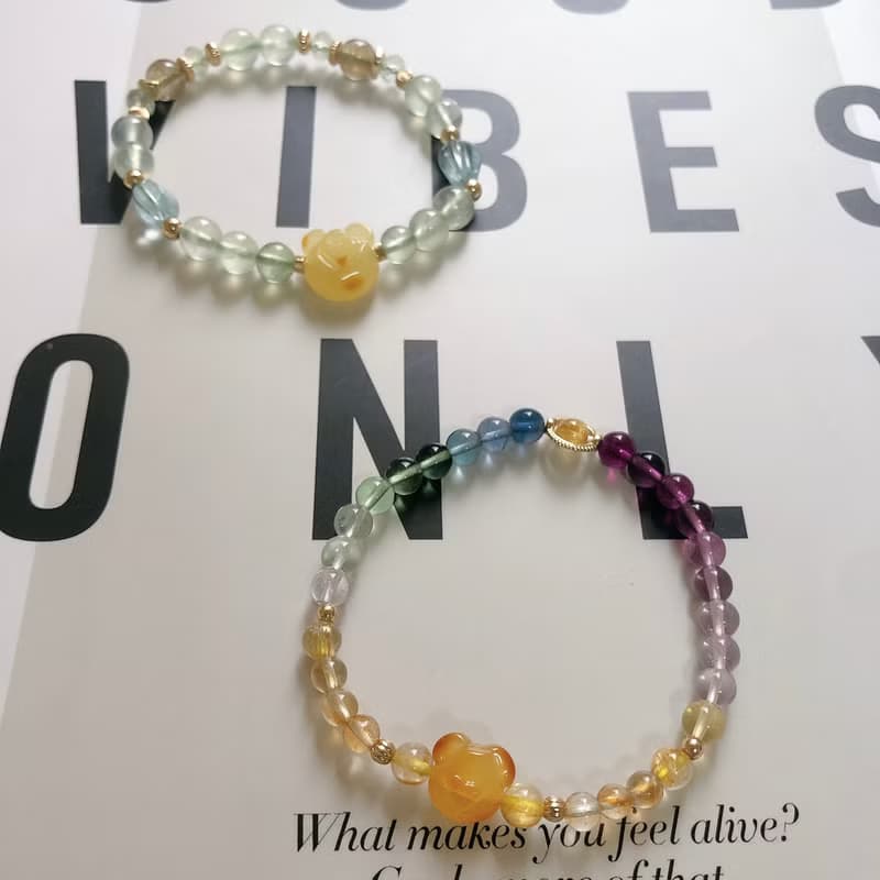 蜜蠟熊、黃水晶、金髮晶、葡萄石 天然石手鍊