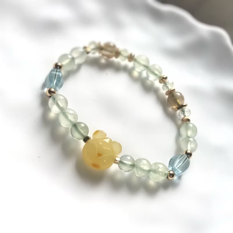 蜜蠟熊、黃水晶、金髮晶、葡萄石 天然石手鍊