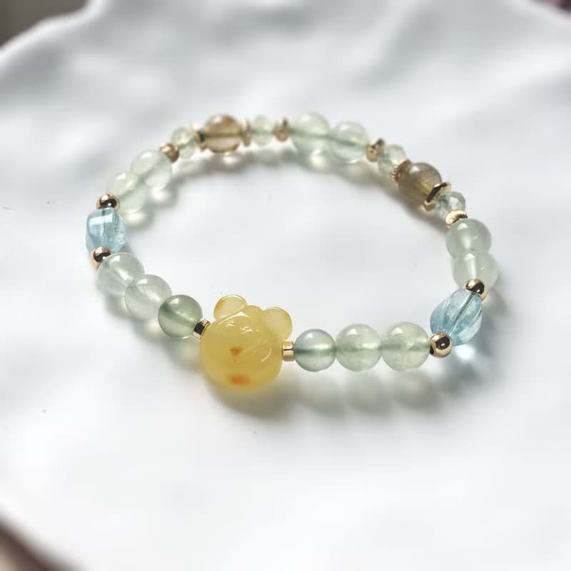 蜜蠟熊、黃水晶、金髮晶、葡萄石 天然石手鍊