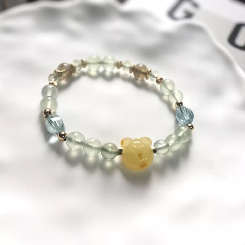 蜜蠟熊、黃水晶、金髮晶、葡萄石 天然石手鍊