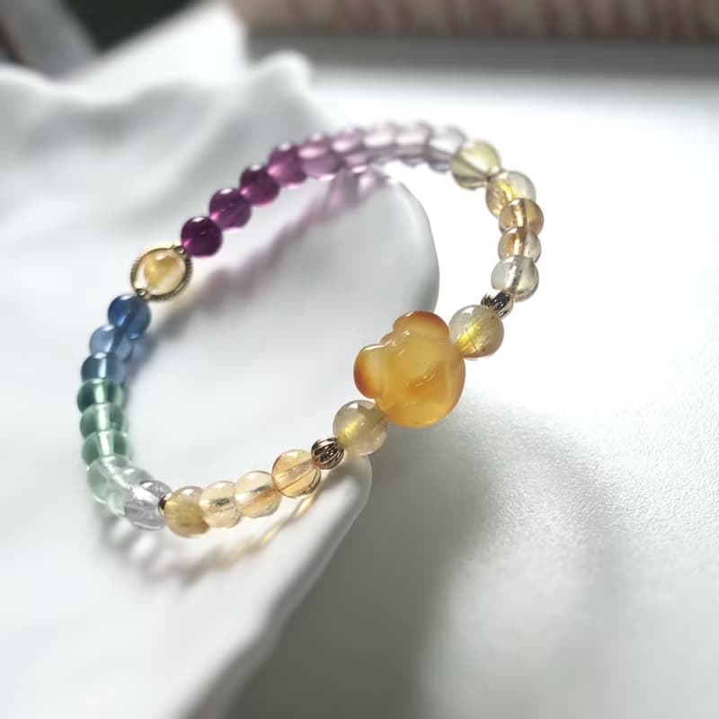 蜜蠟熊、黃水晶、金髮晶、葡萄石 天然石手鍊