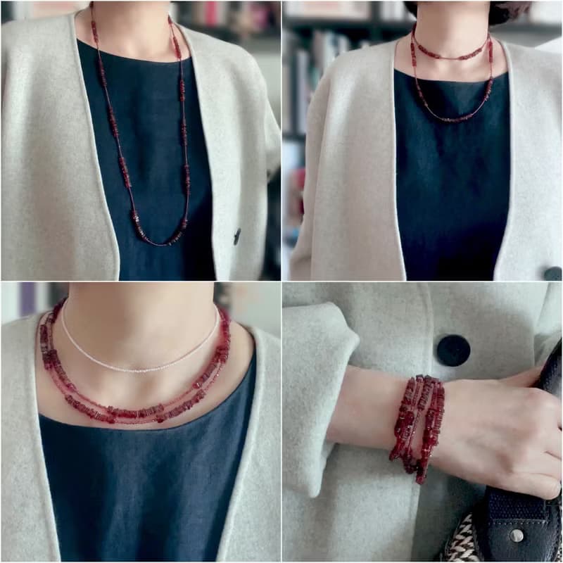 ２種のガーネットを使用した、２連にもなる、ロングネックレス