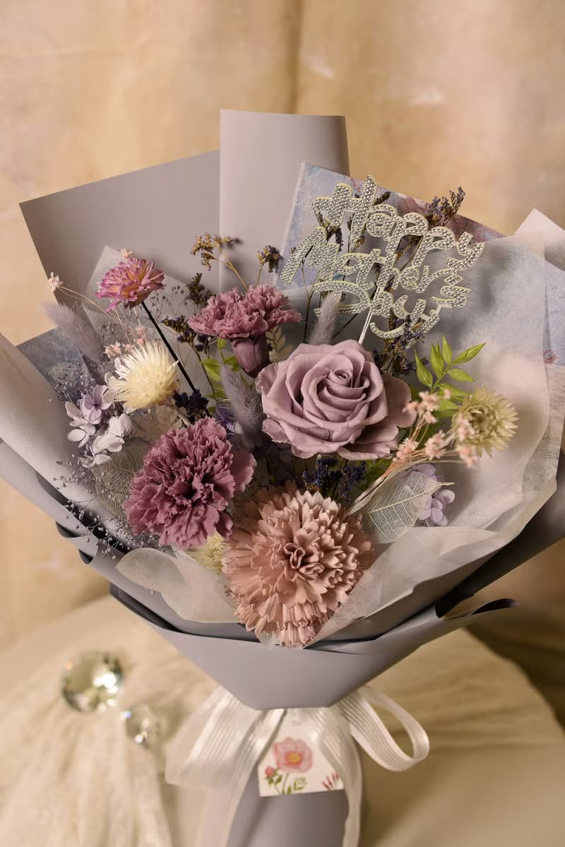 【優雅油畫風】母親節 淡紫色永生康乃馨花束永生花 乾燥花