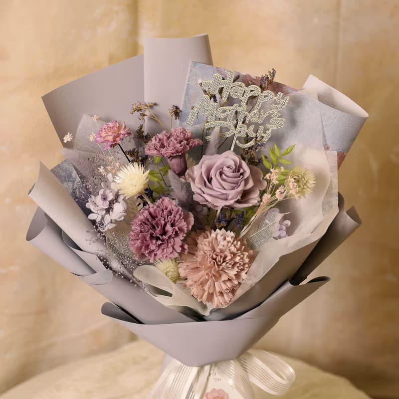 【優雅油畫風】母親節 淡紫色永生康乃馨花束永生花 乾燥花
