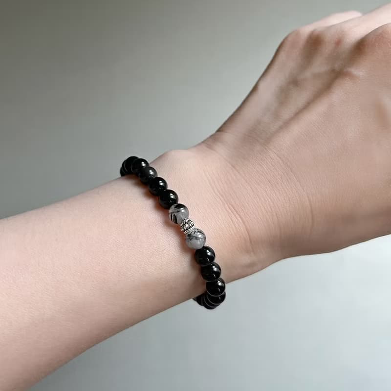 防小人 黑曜石黑髮晶 鉚釘925純銀手鍊