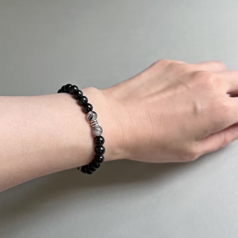 防小人 黑曜石黑髮晶 鉚釘925純銀手鍊
