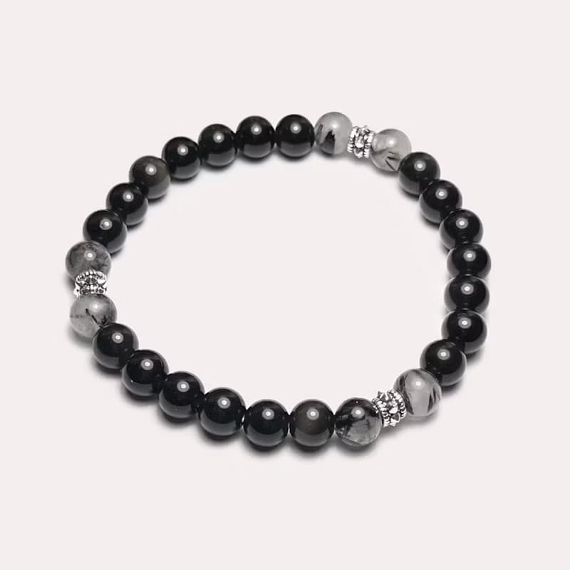 防小人 黑曜石黑髮晶 鉚釘925純銀手鍊