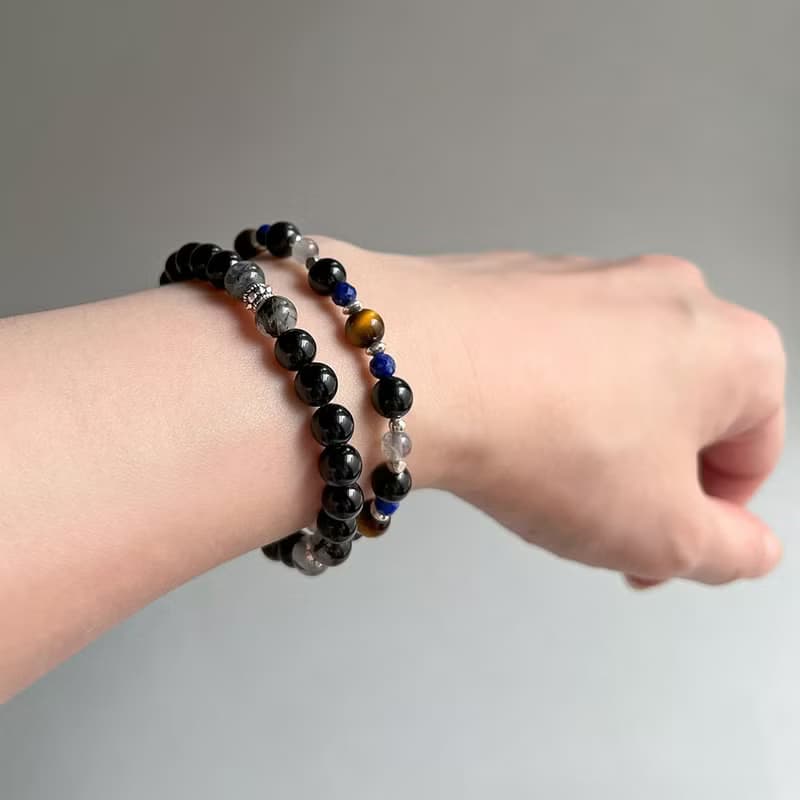 防小人 黑曜石黑髮晶 鉚釘925純銀手鍊