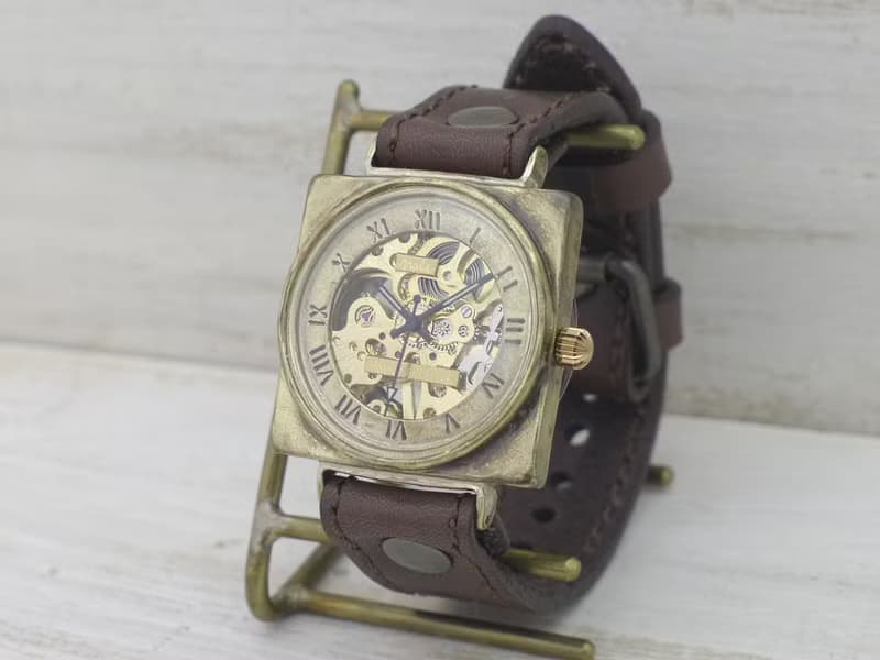 手作り腕時計 BHW138 手巻きBrass 36mmスクエア ローマ数字 ミシンステッチベルト