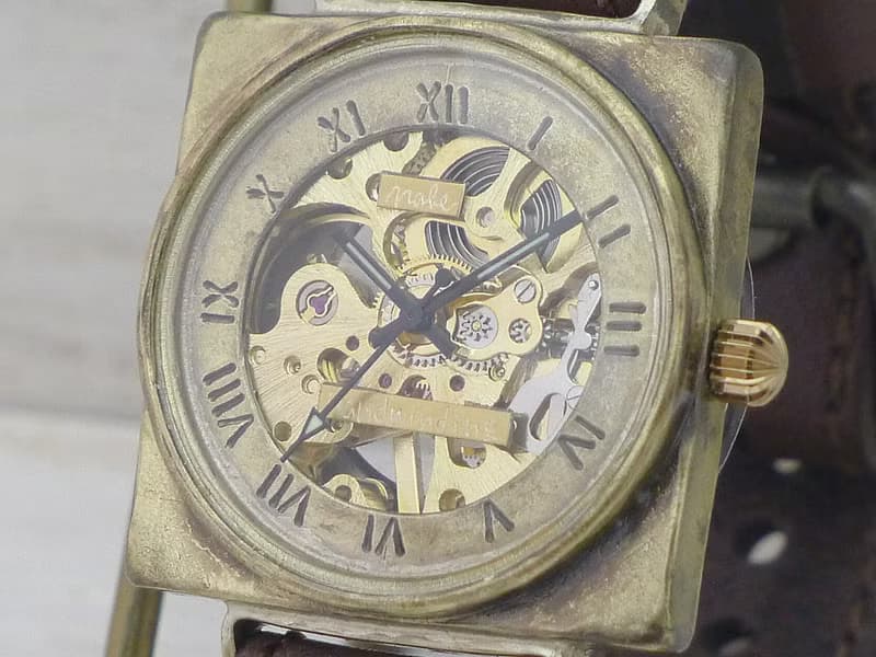 手作り腕時計 BHW138 手巻きBrass 36mmスクエア ローマ数字 ミシンステッチベルト