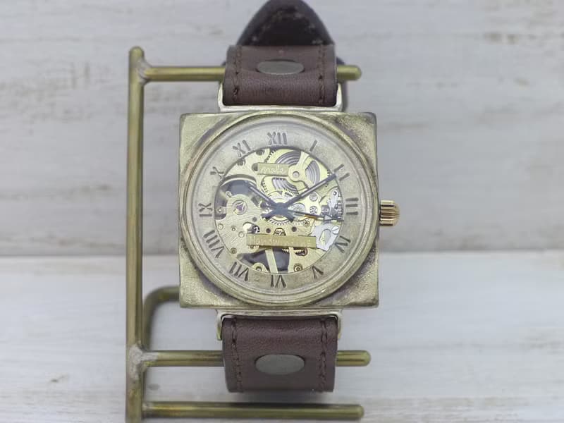手作り腕時計 BHW138 手巻きBrass 36mmスクエア ローマ数字 ミシンステッチベルト