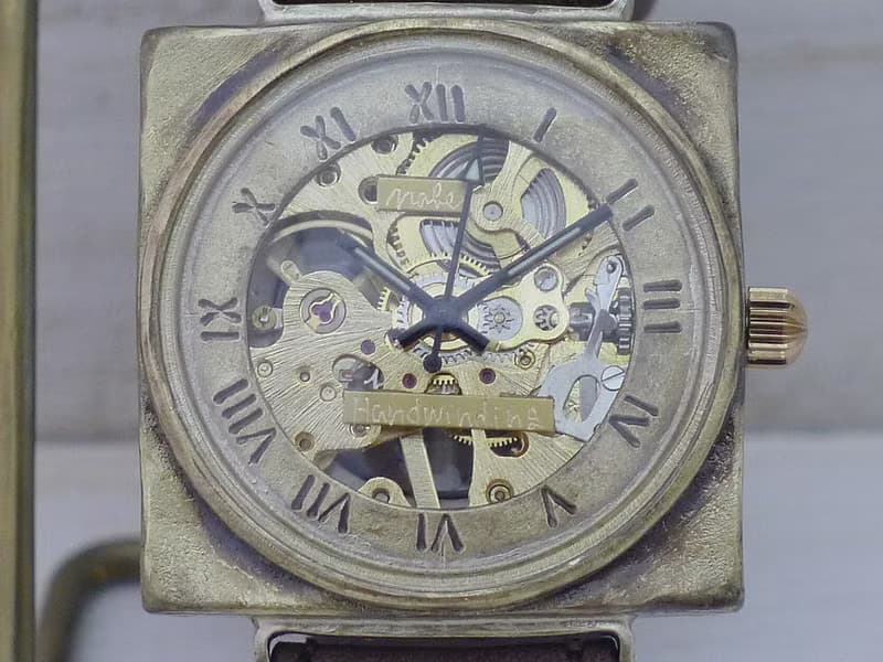 手作り腕時計 BHW138 手巻きBrass 36mmスクエア ローマ数字 ミシンステッチベルト