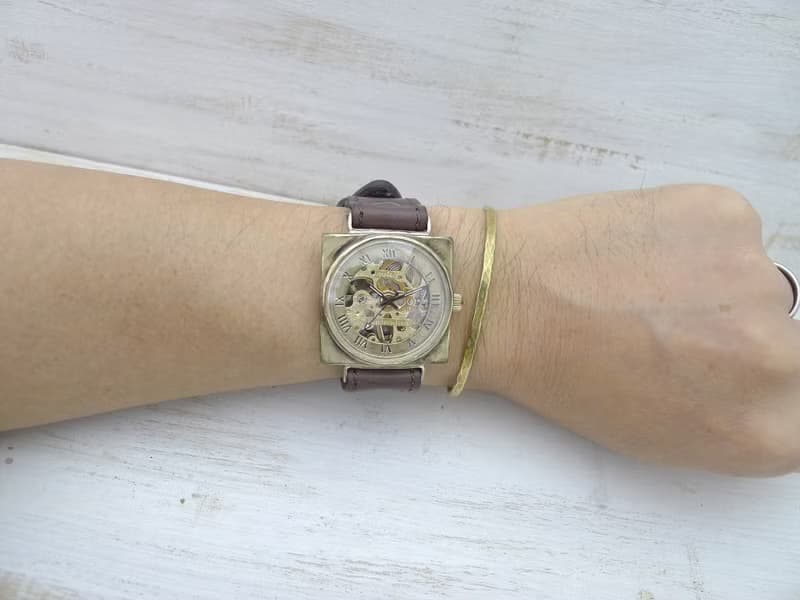 手作り腕時計 BHW138 手巻きBrass 36mmスクエア ローマ数字 ミシンステッチベルト