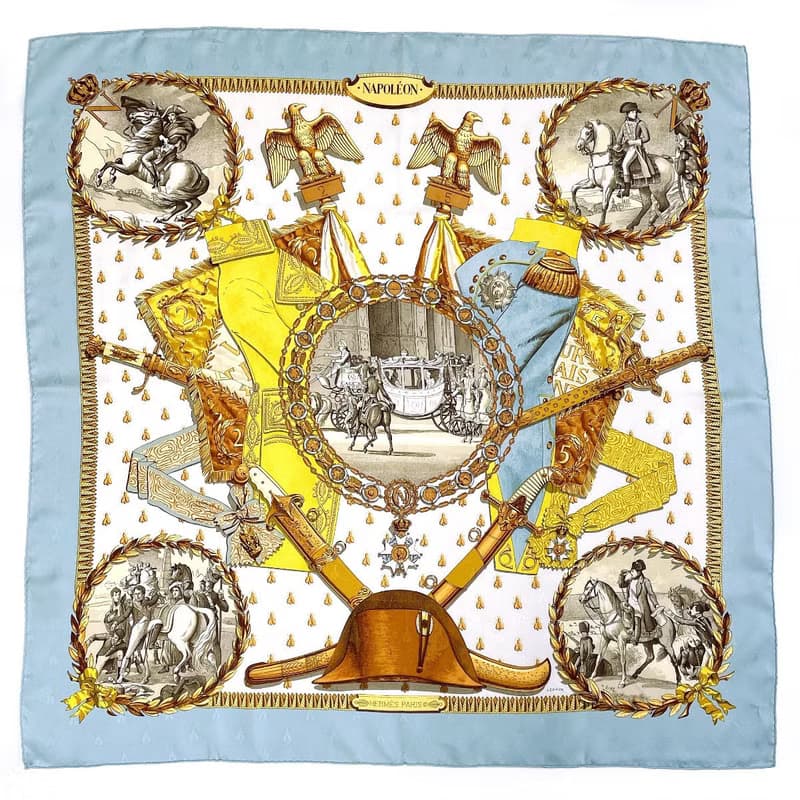 【日本直送 中古美品】エルメス HERMES スカーフ カレ 90 大判スカーフ 正方形 NAPOLEON ナポレオン シルク100% ライトブルー