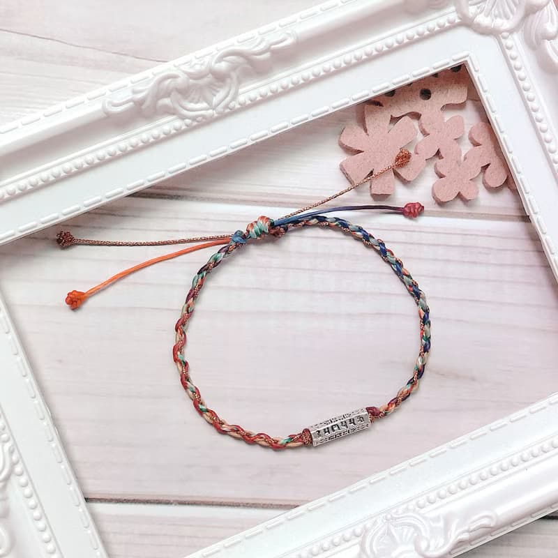 ::純銀六字真言編織手鍊:: 蠟線 / 祈福 / 拉繩款