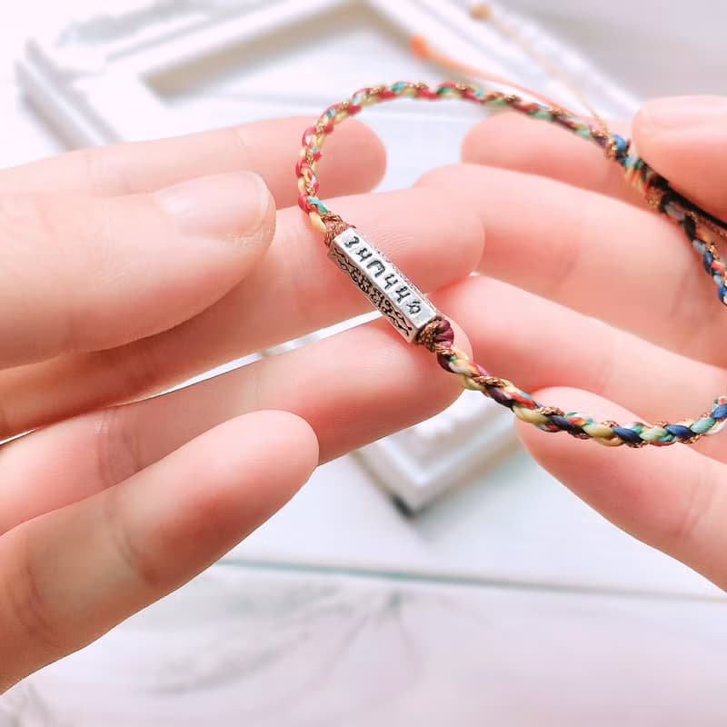 ::純銀六字真言編織手鍊:: 蠟線 / 祈福 / 拉繩款